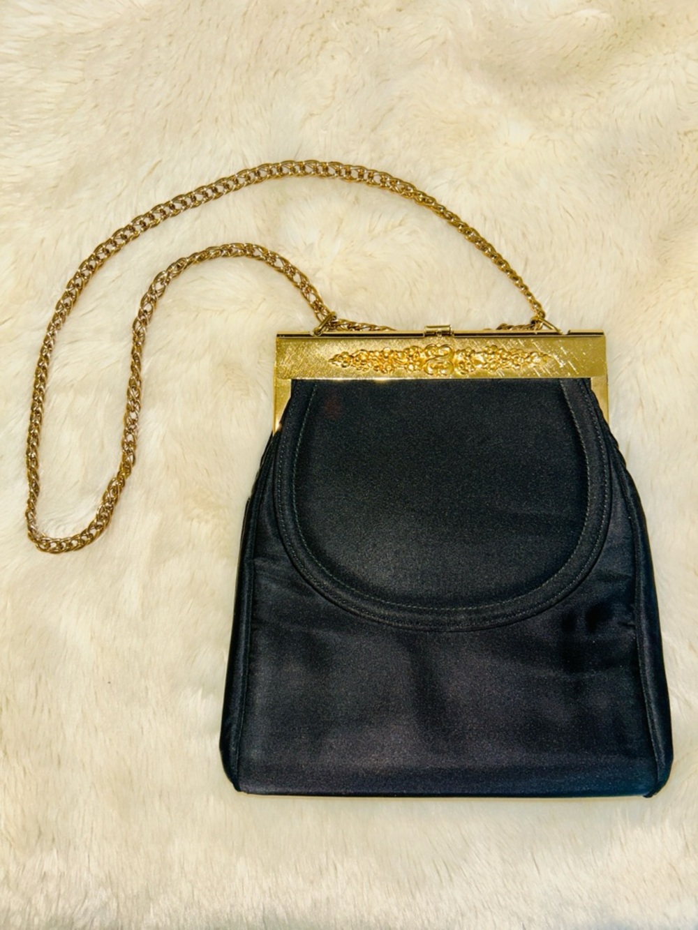 Mardane Vintage Black Satin Gold Frame Evening Bag with Matching Coin Purse